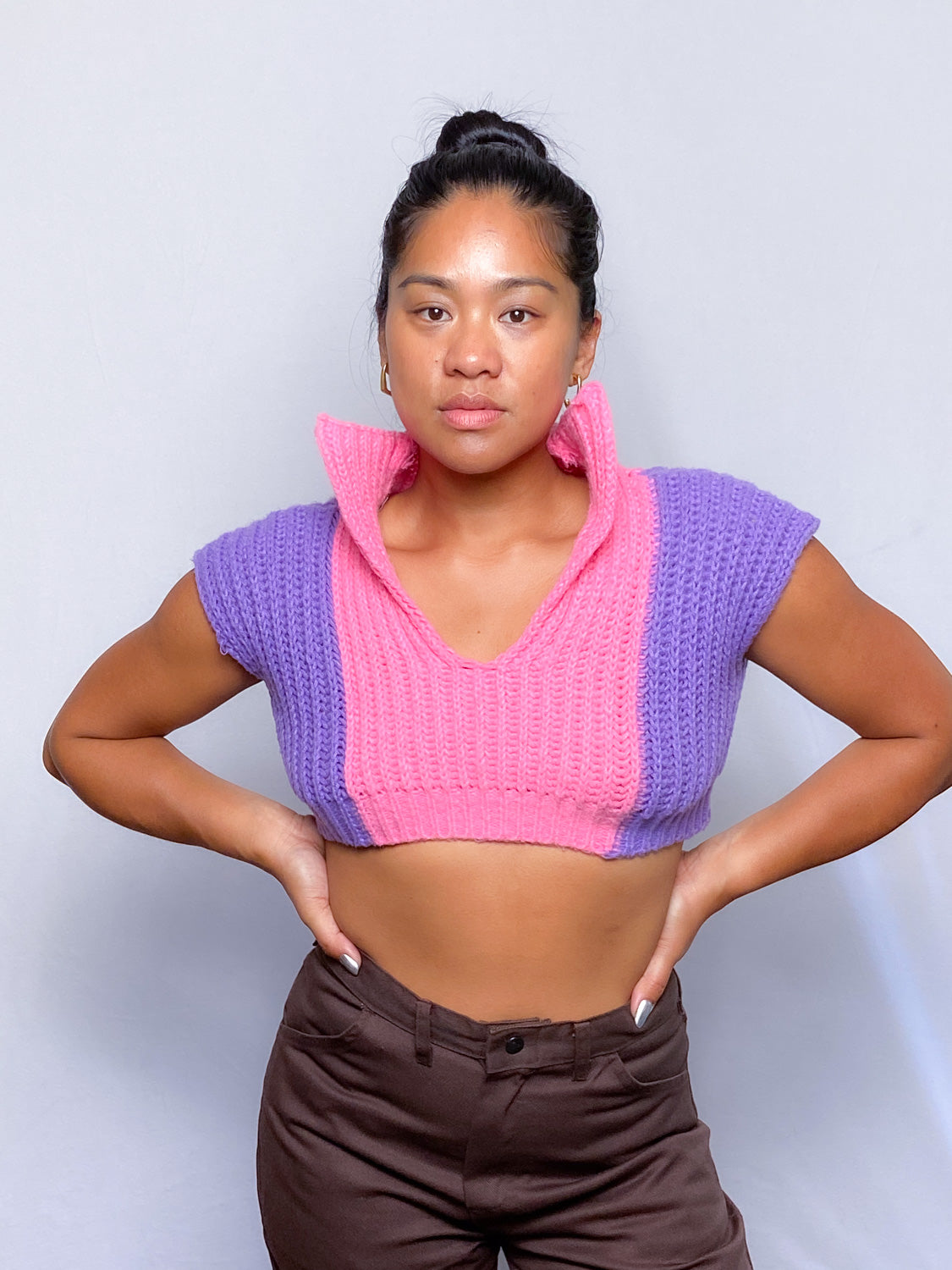 Handmade Pink and Purple Cropped Knitted Blouse