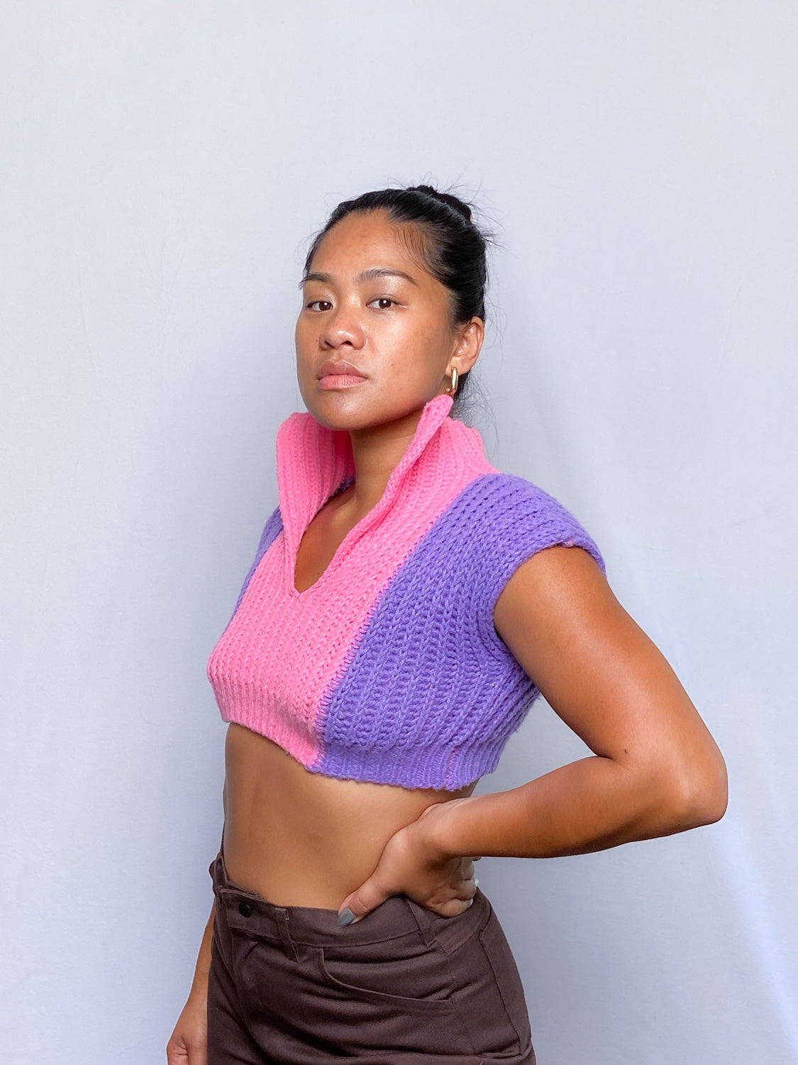 Handmade Pink and Purple Cropped Knitted Blouse