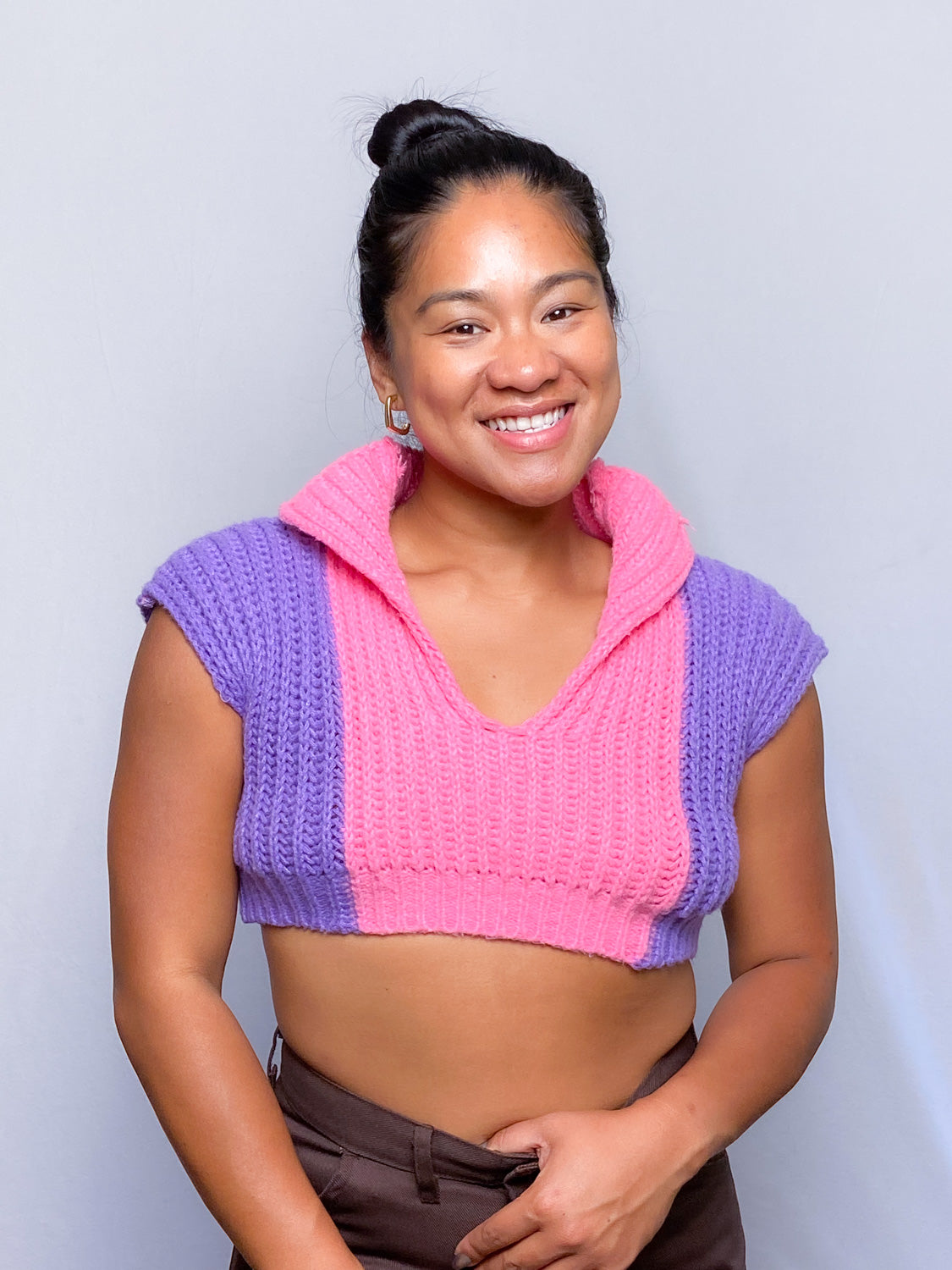 Handmade Pink and Purple Cropped Knitted Blouse