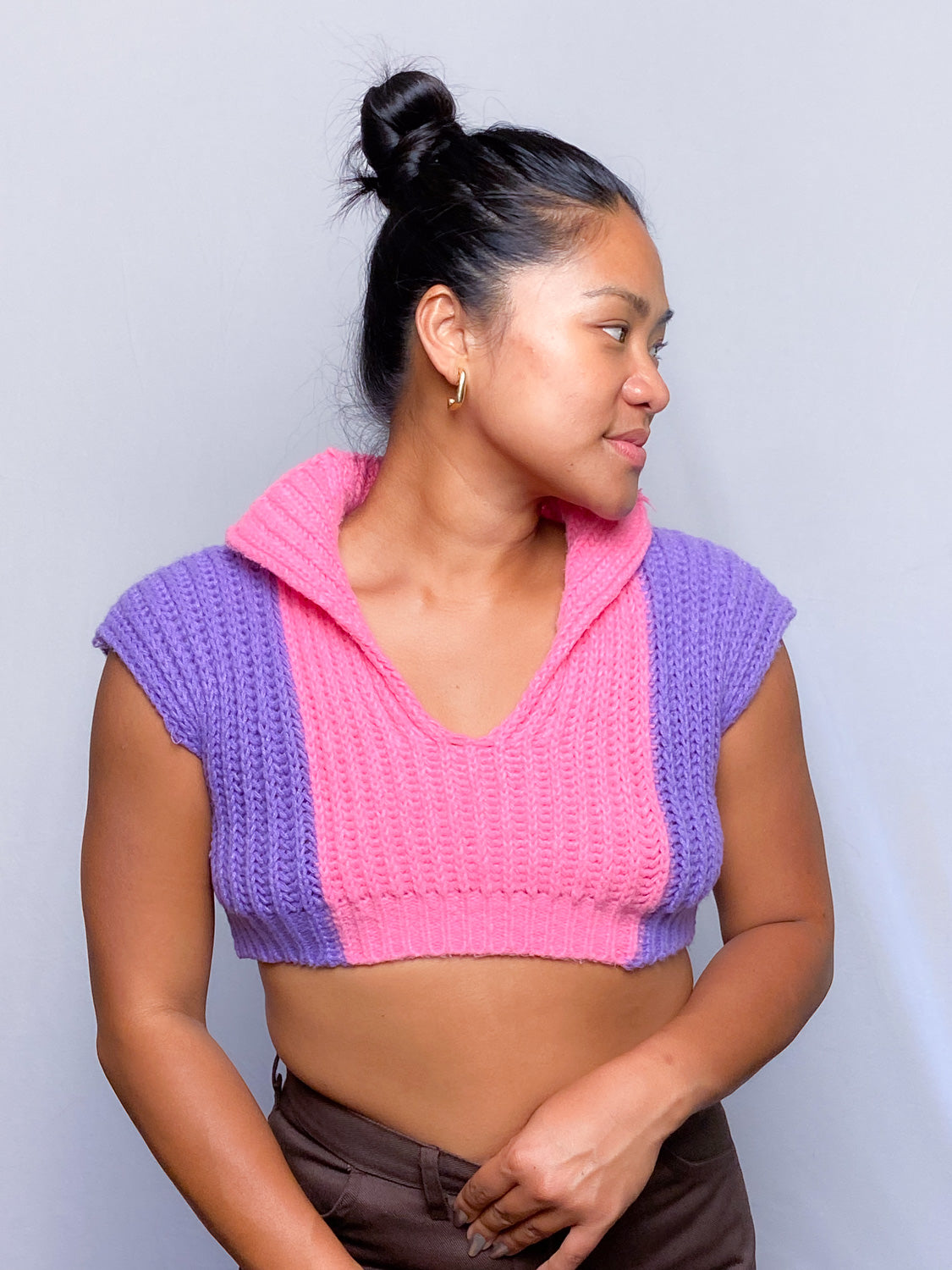 Handmade Pink and Purple Cropped Knitted Blouse
