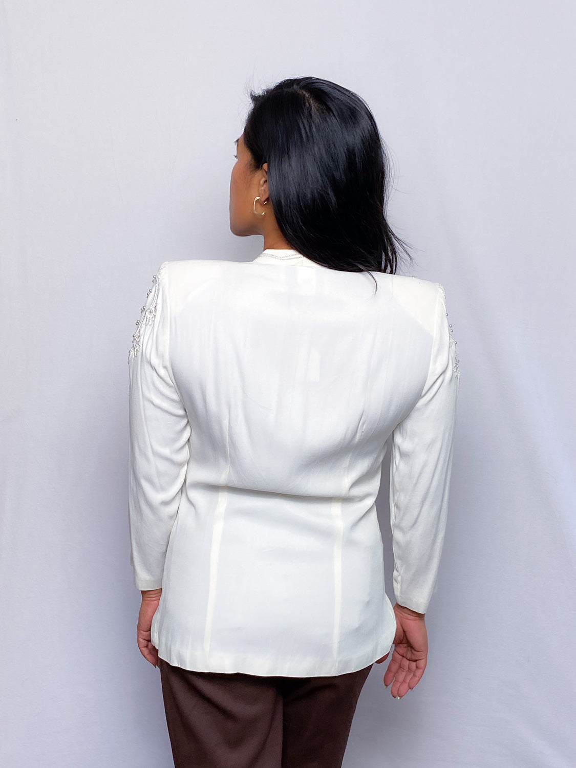 90s White Floral Embroidered and Pearl Blouse