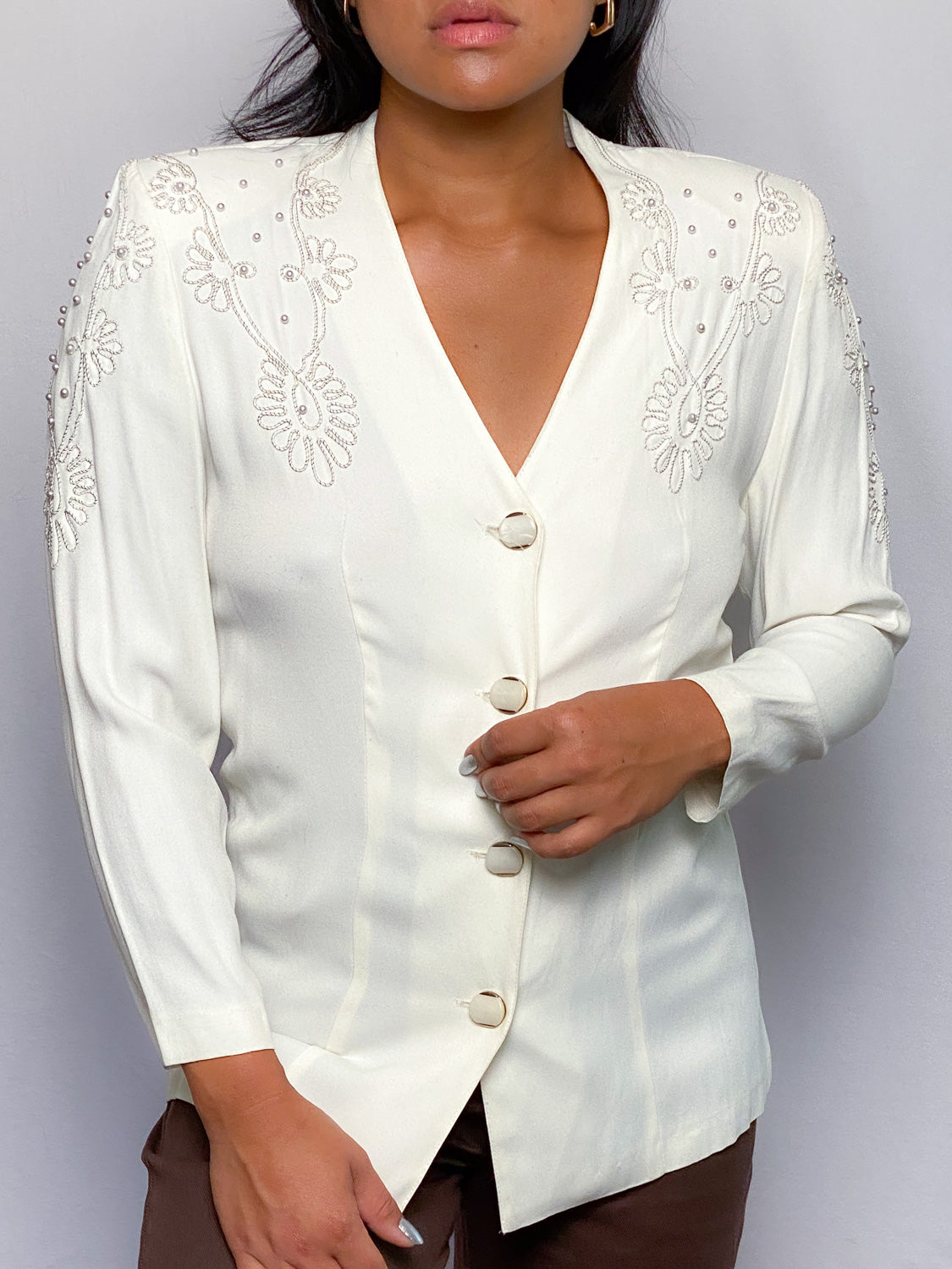90s White Floral Embroidered and Pearl Blouse