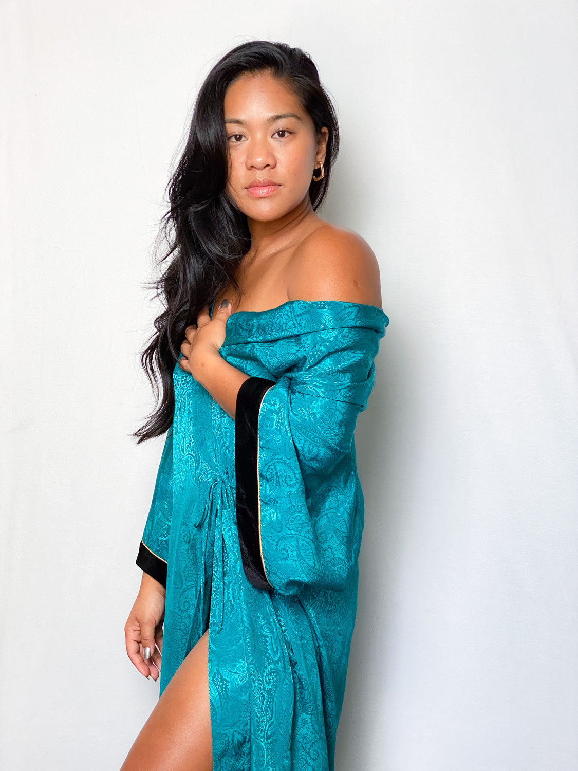 80s Teal Paisley & Velvet Cuff Robe Kimono