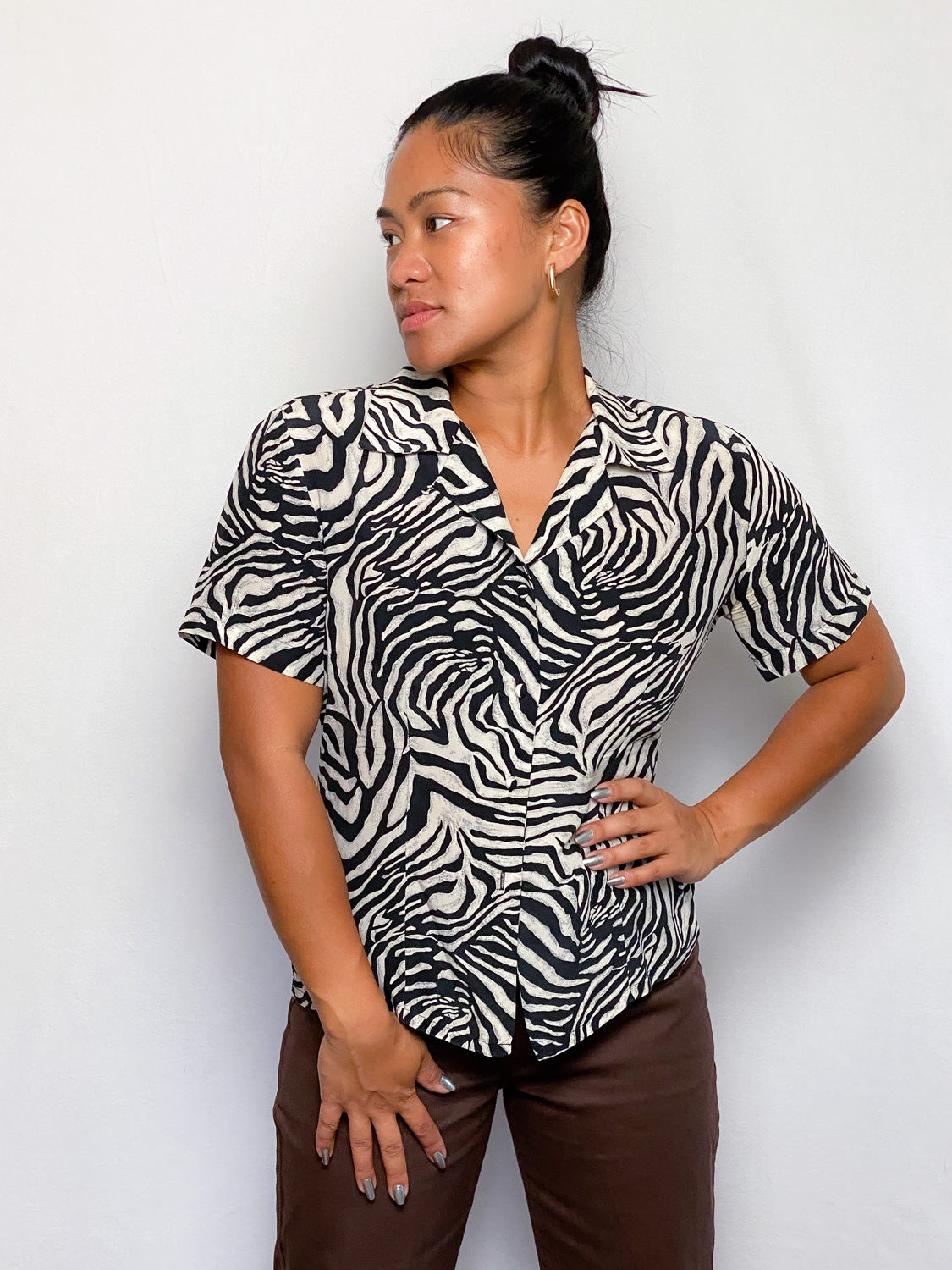 90s Zebra Silk Print Blouse