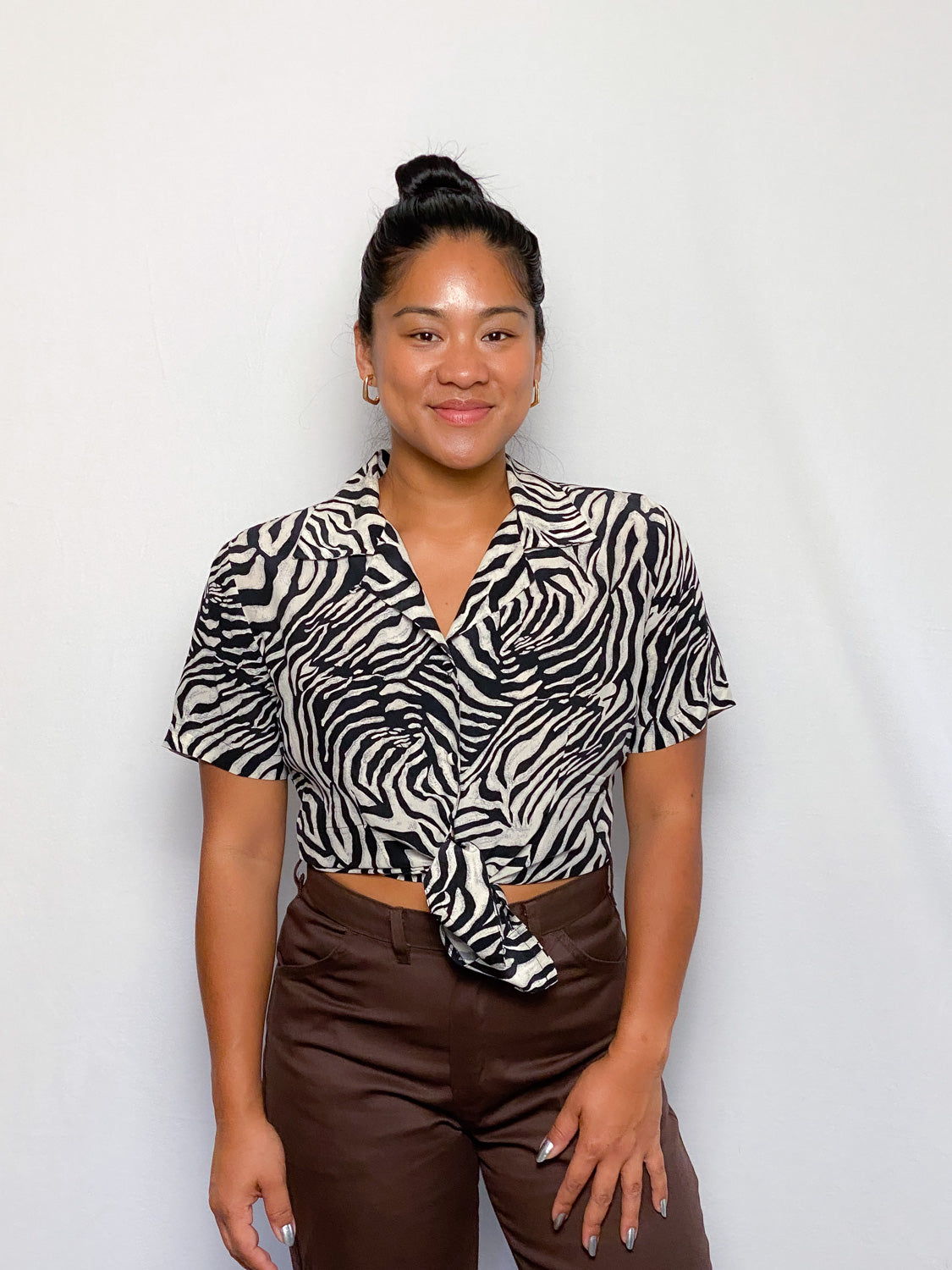 90s Zebra Silk Print Blouse