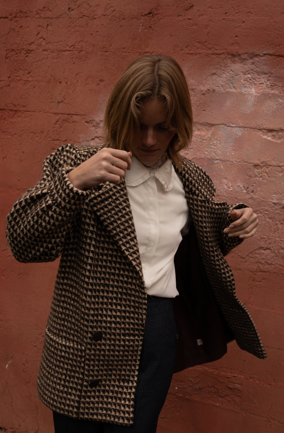 80s Wool Brown Gingham Coat