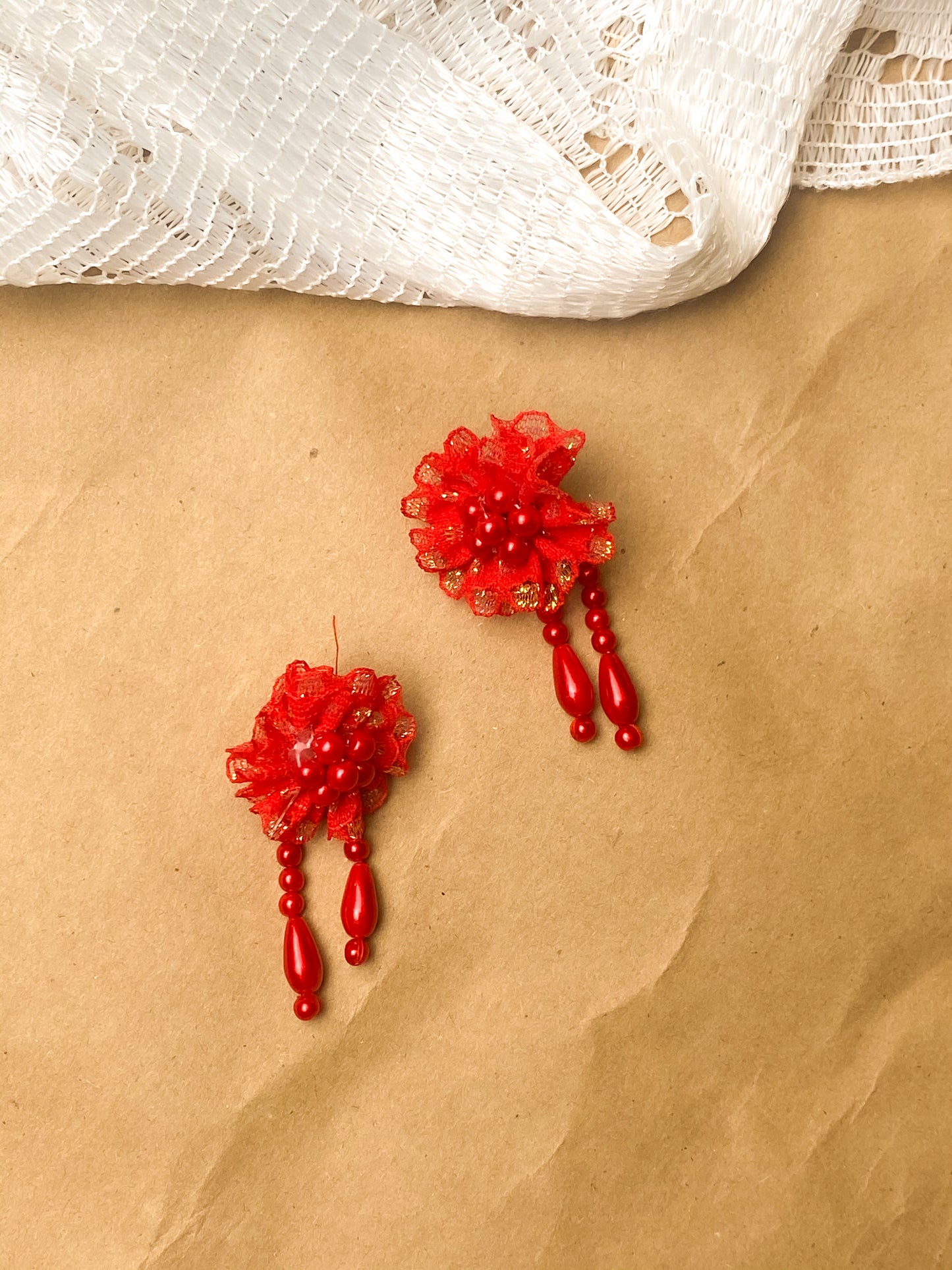 80s Red Selena Tulle Beaded Earrings