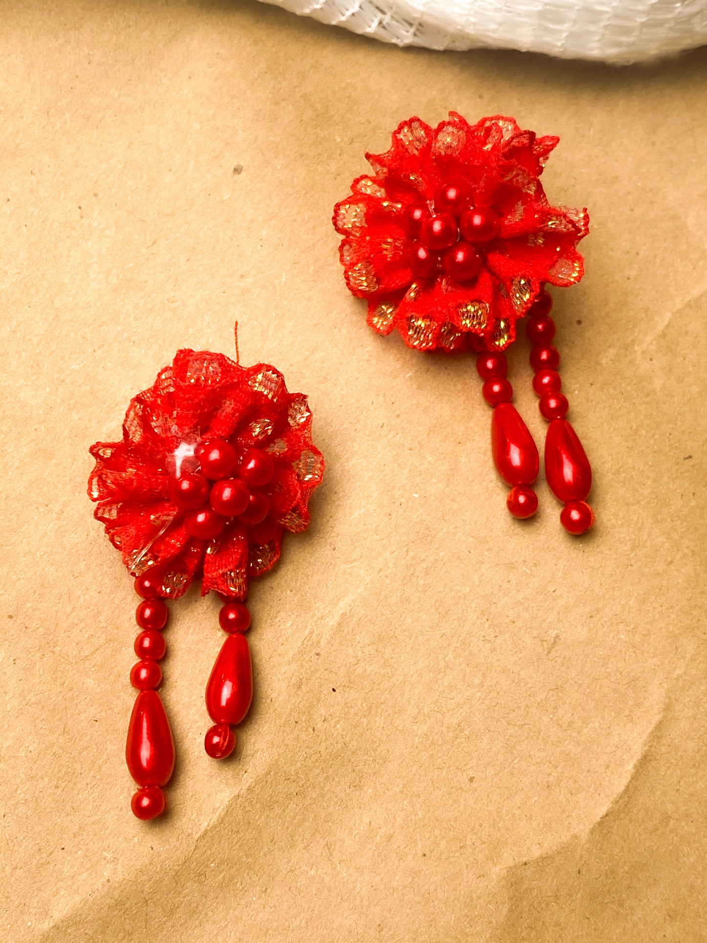 80s Red Selena Tulle Beaded Earrings