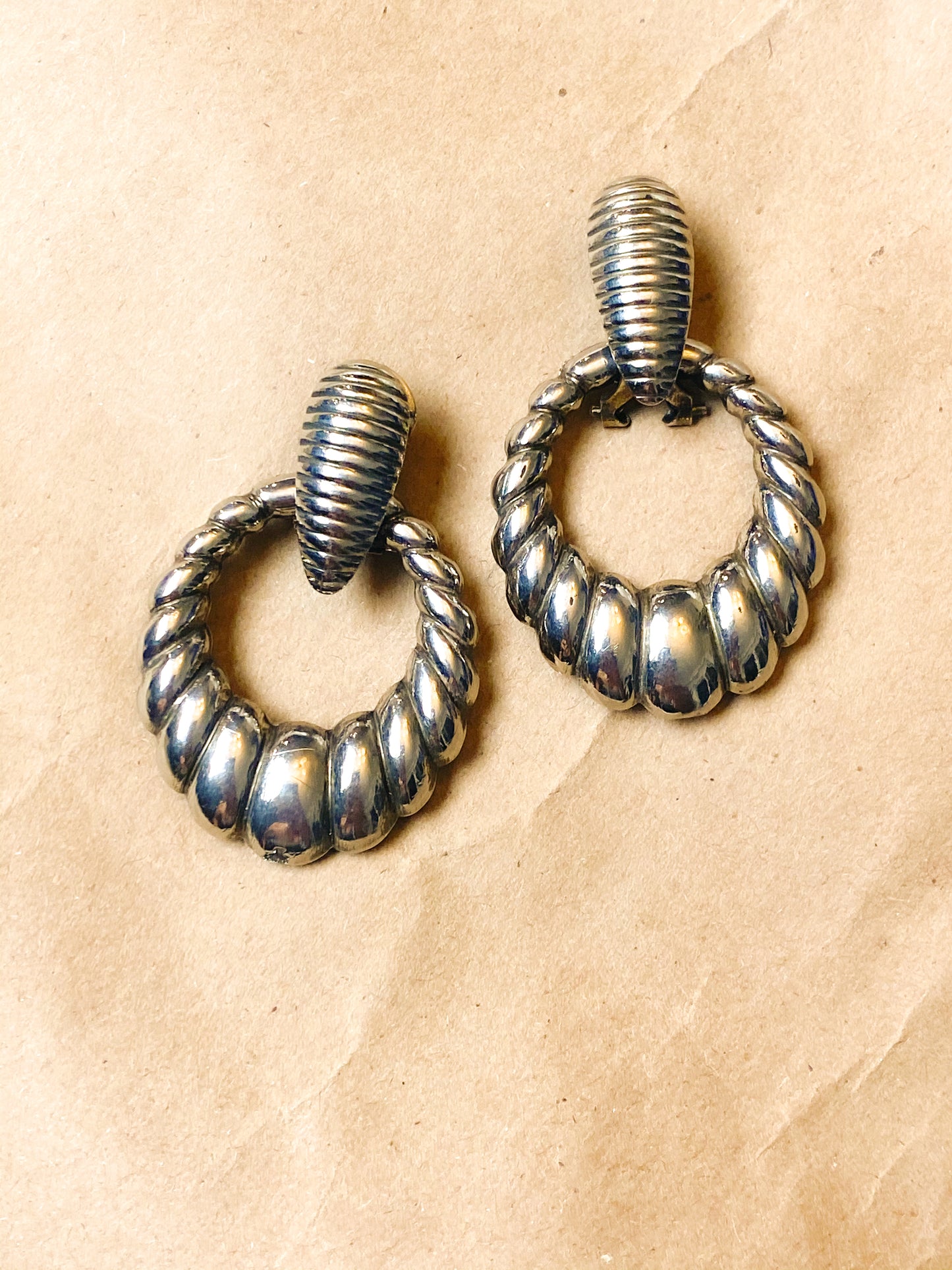 80s Chrome Silver Textured Earring