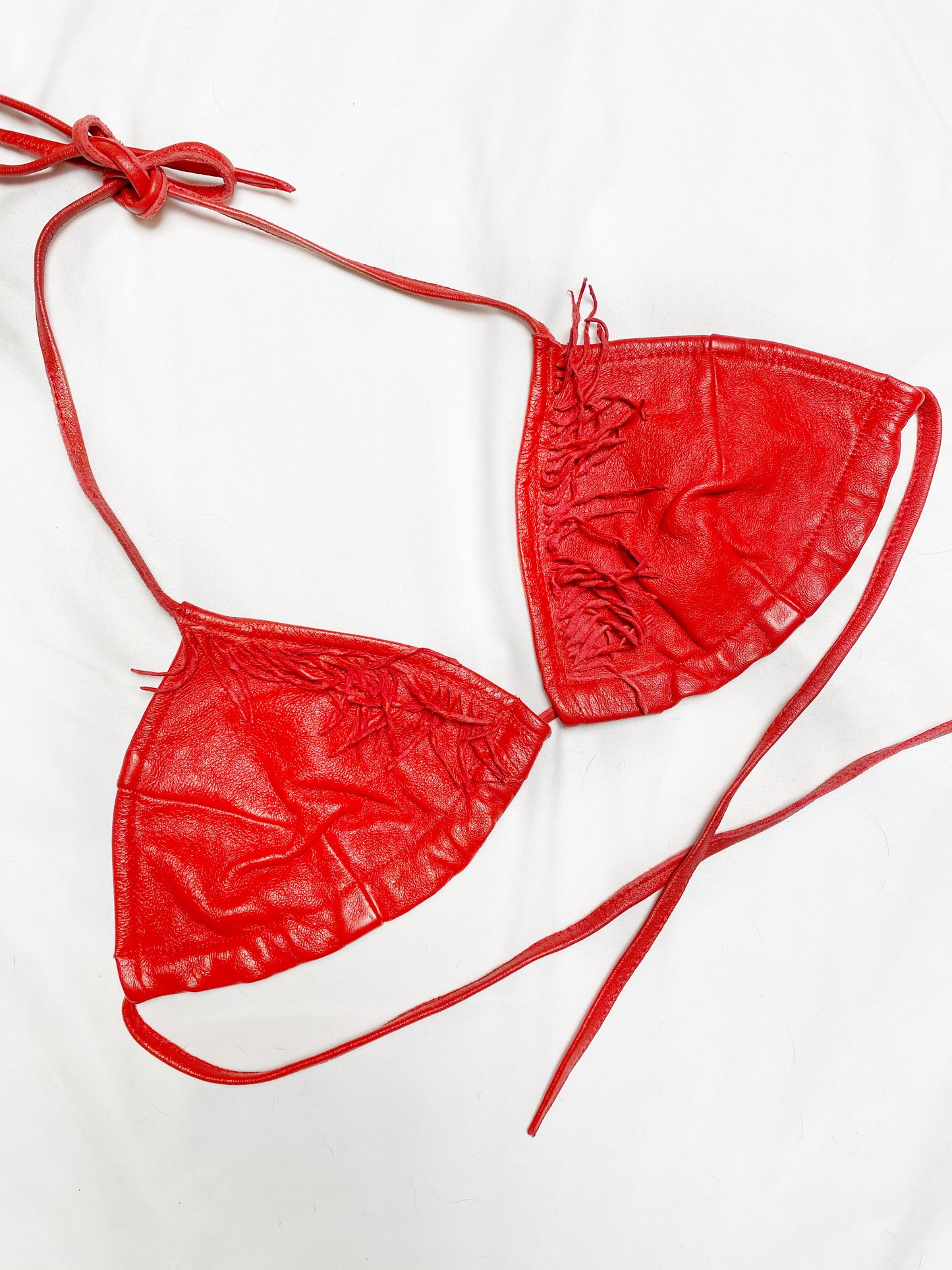 70s Red Leather Fringe Bra Top