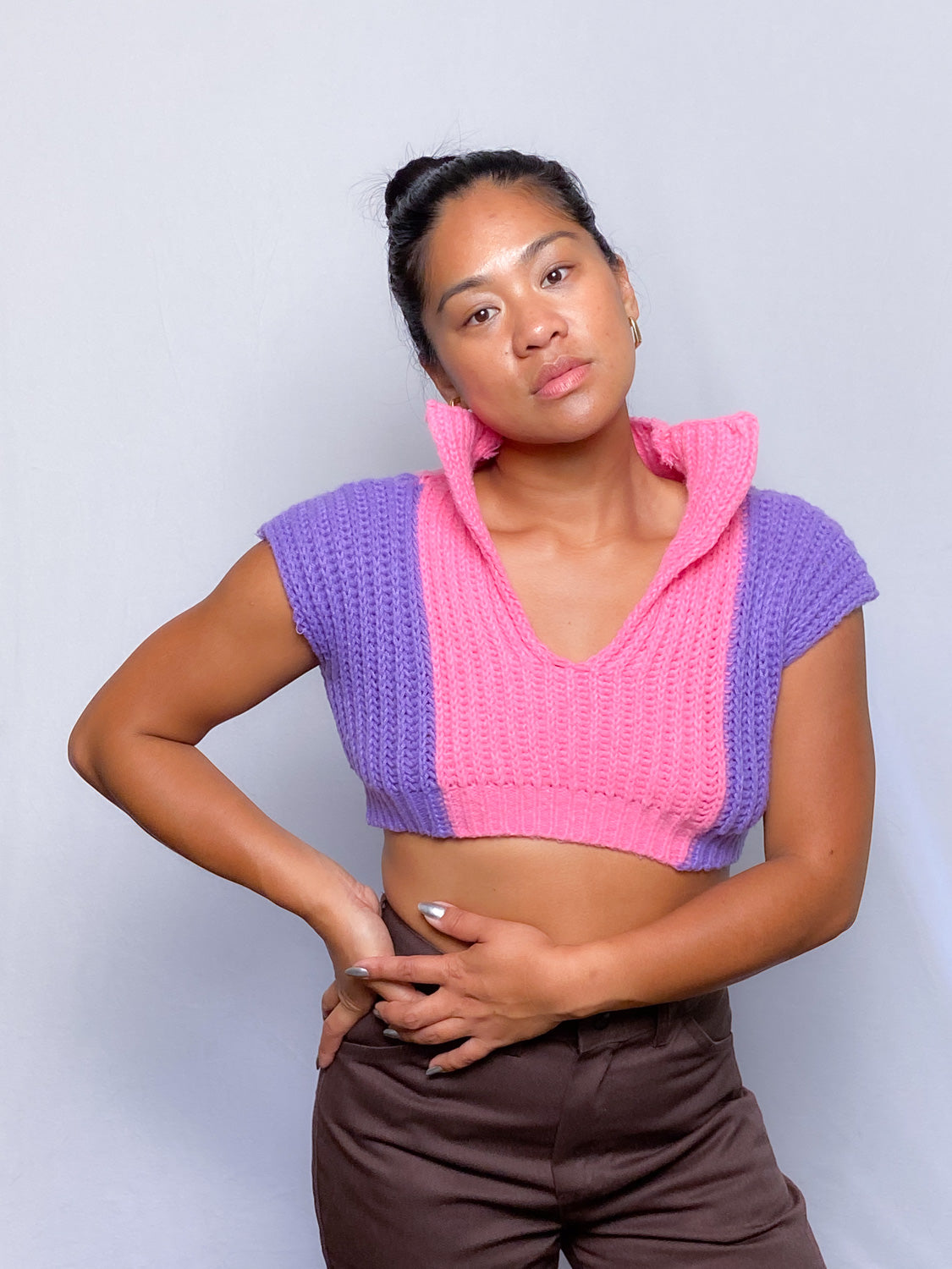 Handmade Pink and Purple Cropped Knitted Blouse