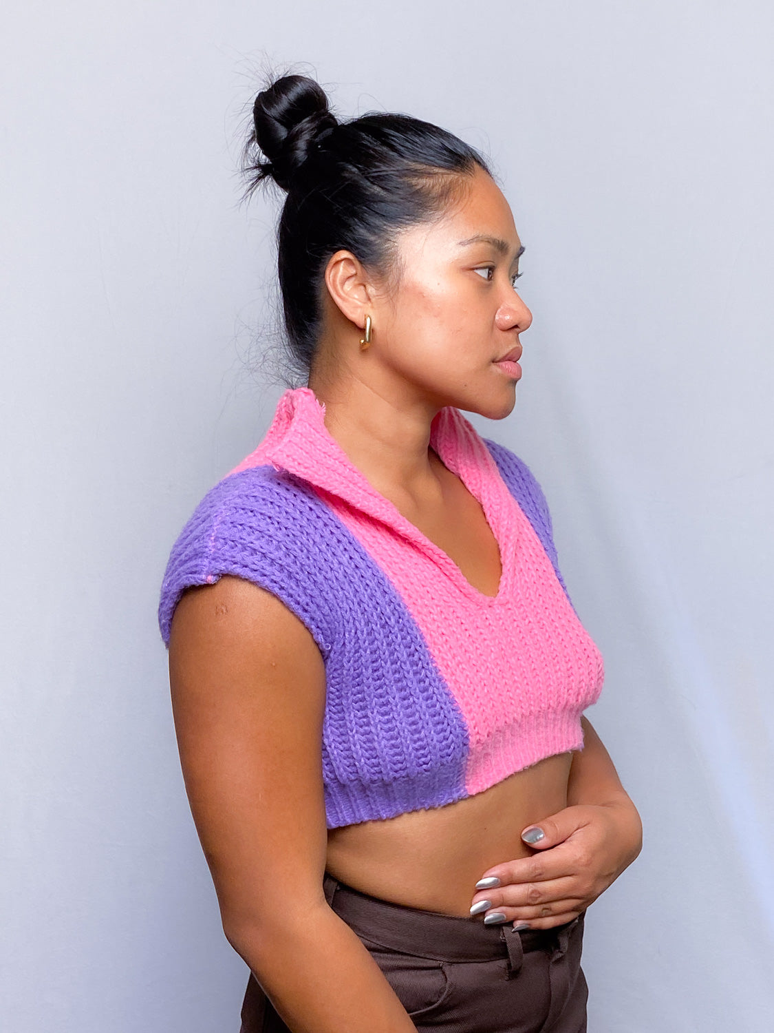 Handmade Pink and Purple Cropped Knitted Blouse