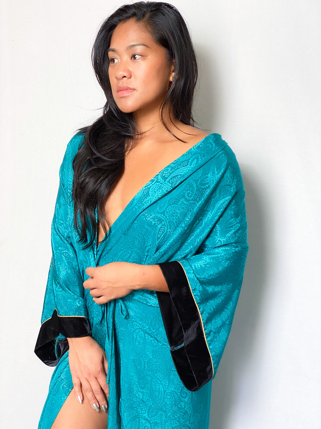 80s Teal Paisley & Velvet Cuff Robe Kimono