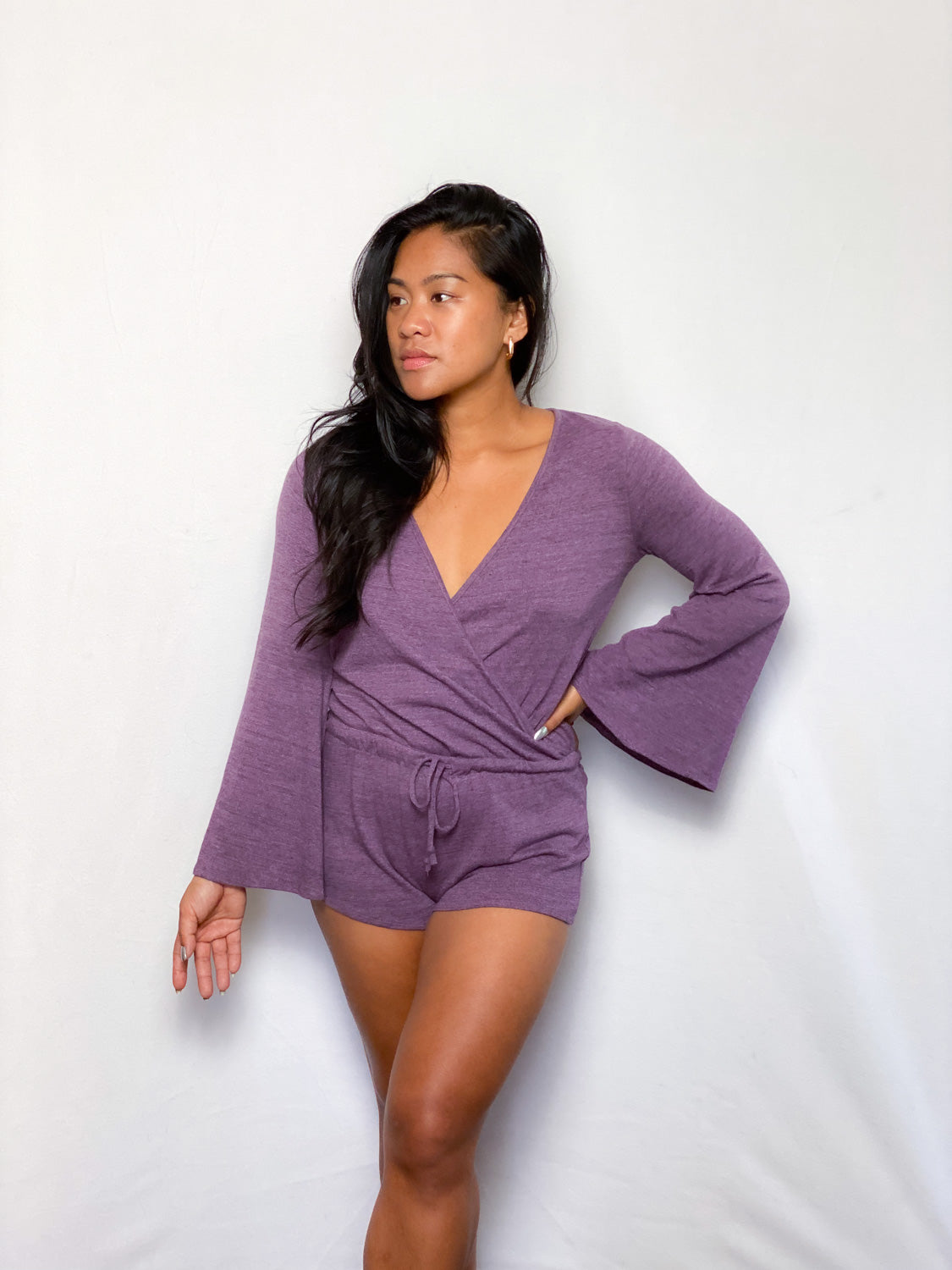 Purple Bellsleeve Romper with Caged Open Back