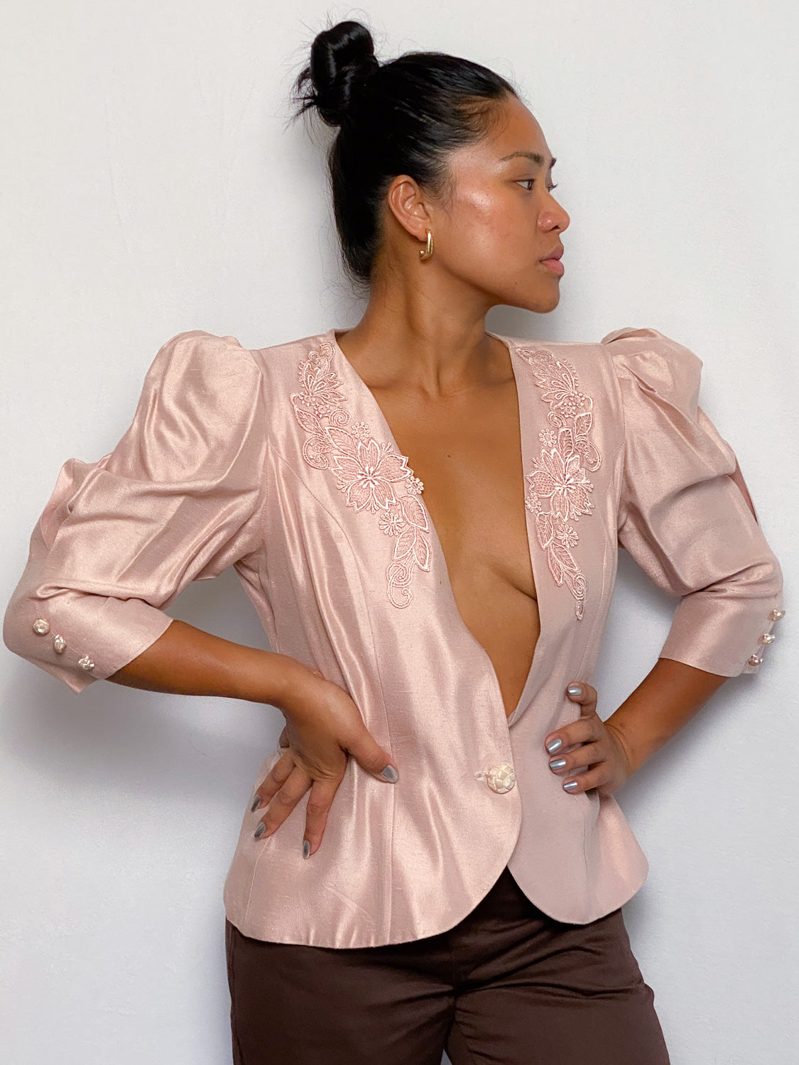 80s Light Pink Pleated Lace Jacket