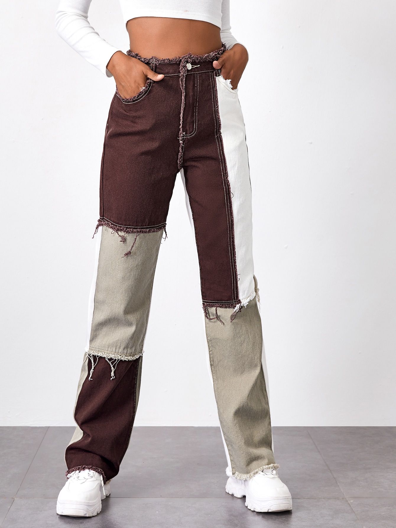 Brown Patchwork Denim Pants