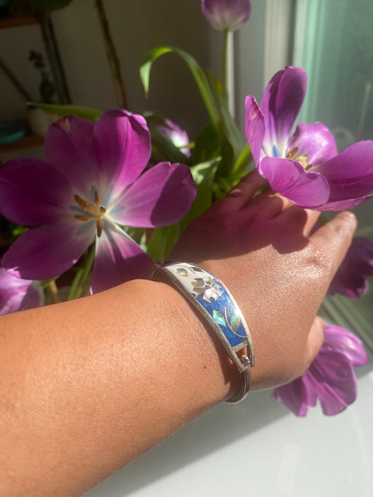 70s Silver Pewter Floral Bracelet