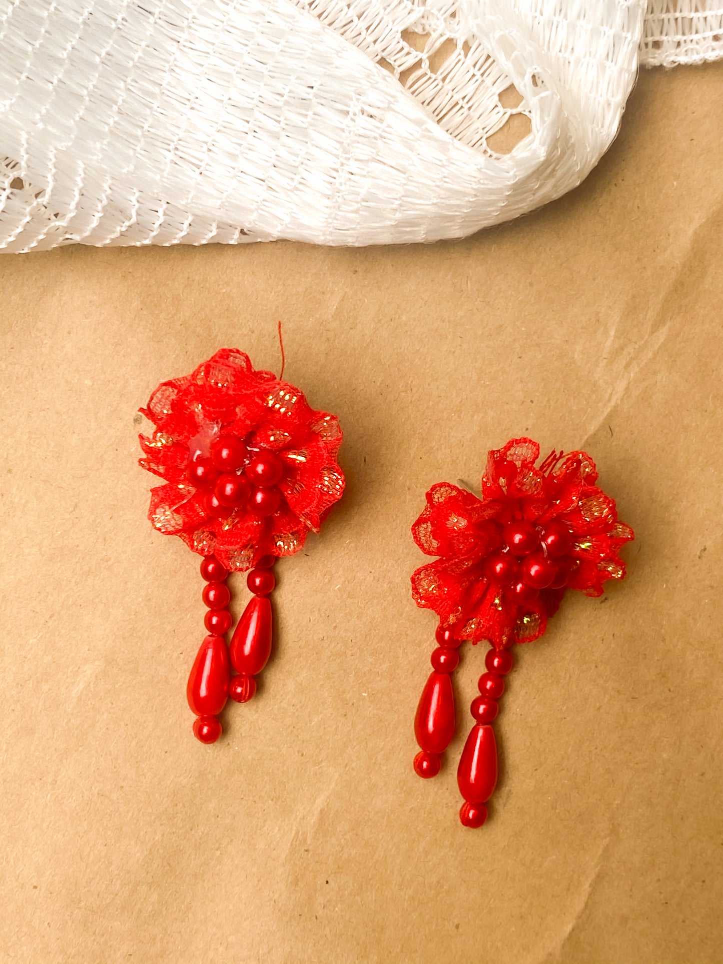 80s Red Selena Tulle Beaded Earrings