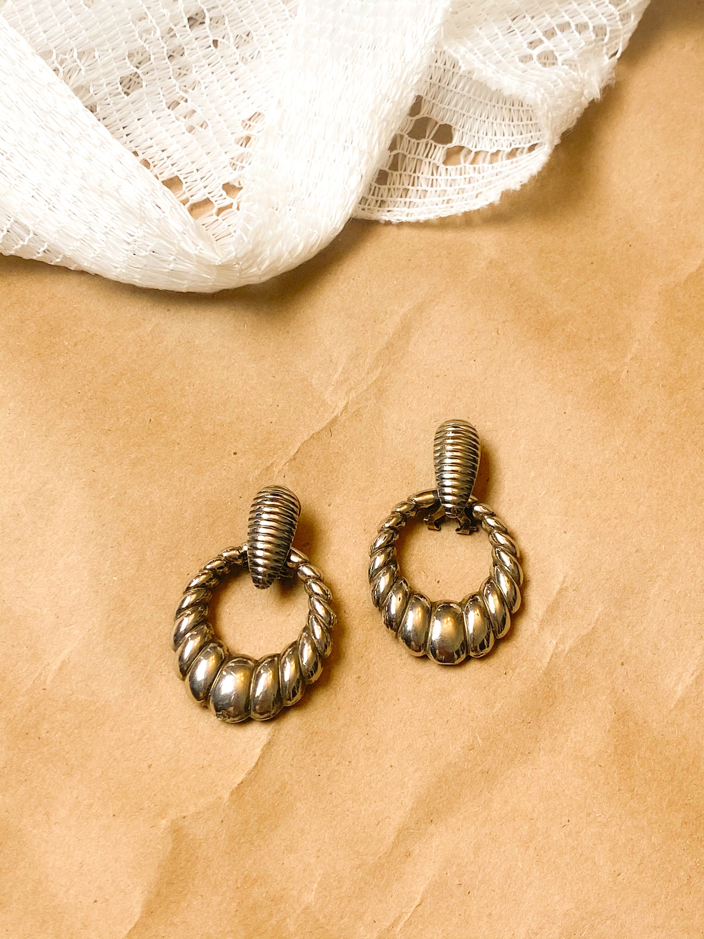 80s Chrome Silver Textured Earring