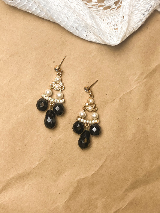 2000s Pearl and Black Chandelier Earrings